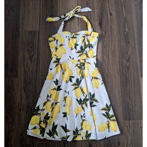 💙 Topdress Lemon Print Halter Neck Dress Size S Smocked Back Retro Preppy Cotta